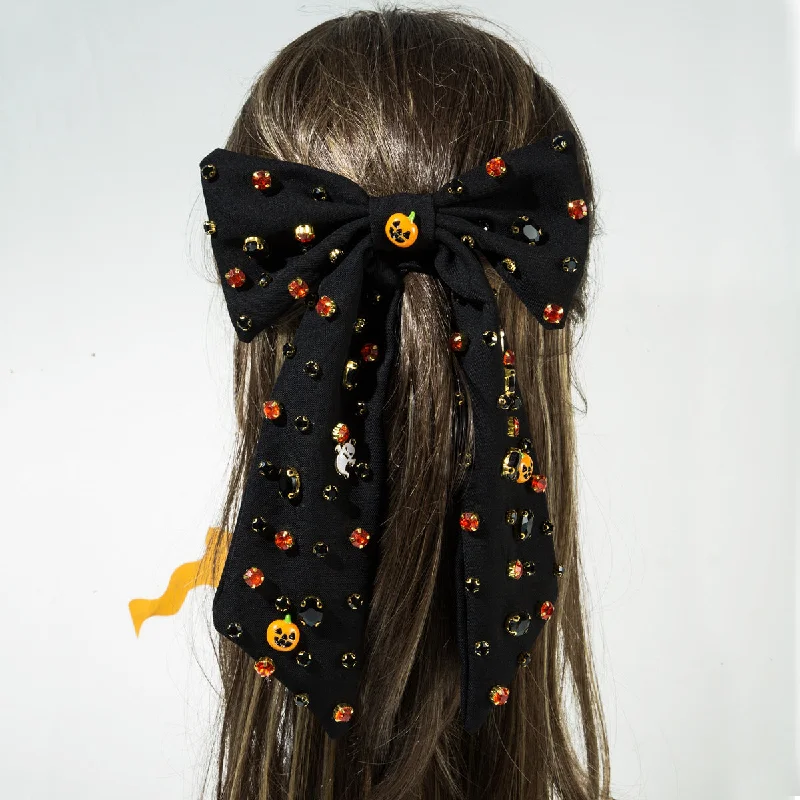 Wholesale Halloween Bow with Diamond Studded Pumpkin Ghost Hairpin