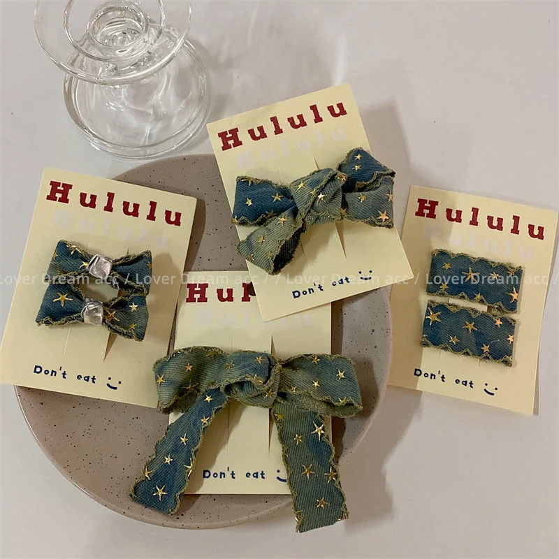 Wholesale Retro Star Denim Bow Fabric Hair Clips