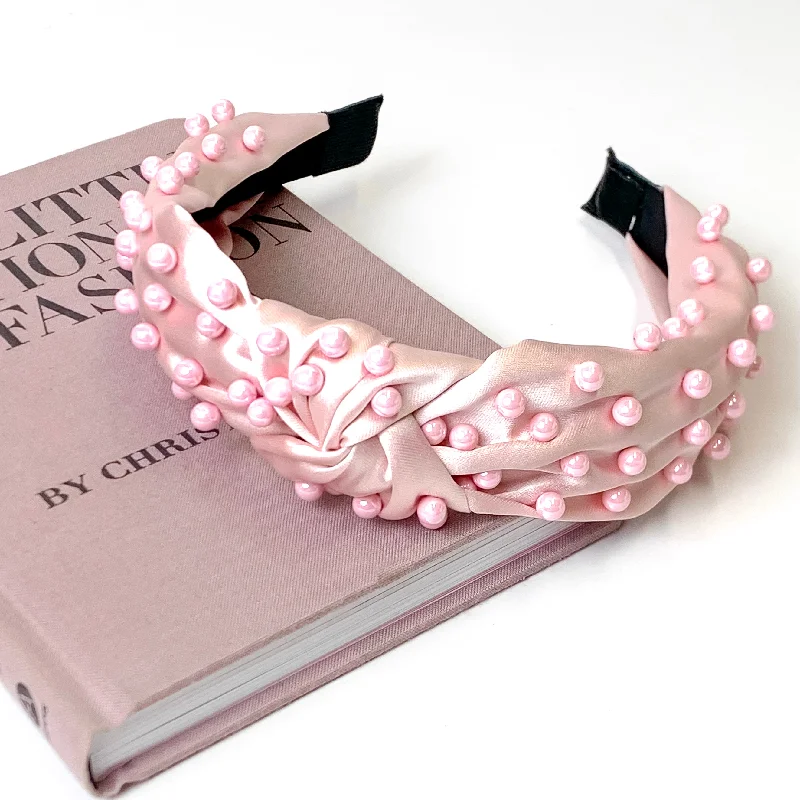 Light Pink Silk Knotted Headband with Light Pink Glass Pearl Detailing