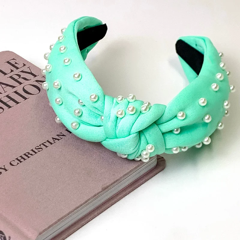 Pearl Detailed Knotted Headband in Mint Green