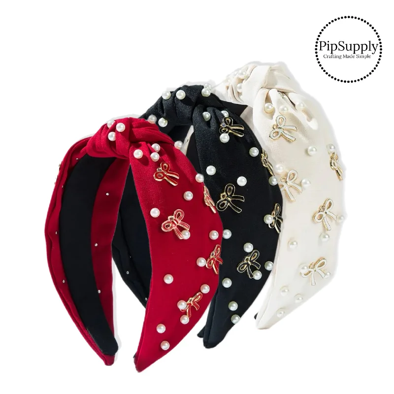 Deep Red Dainty Bows & Pearls Premium Knotted Headband