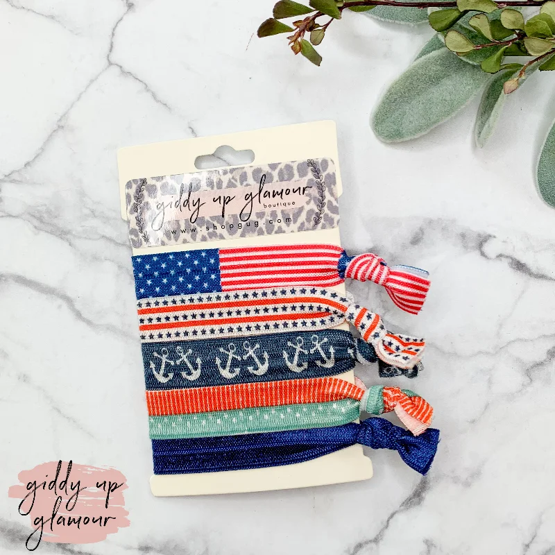 Buy 3 for $10 | Set of 5 | Soft Hair Ties in Red, White, and Blue Patriotic Prints