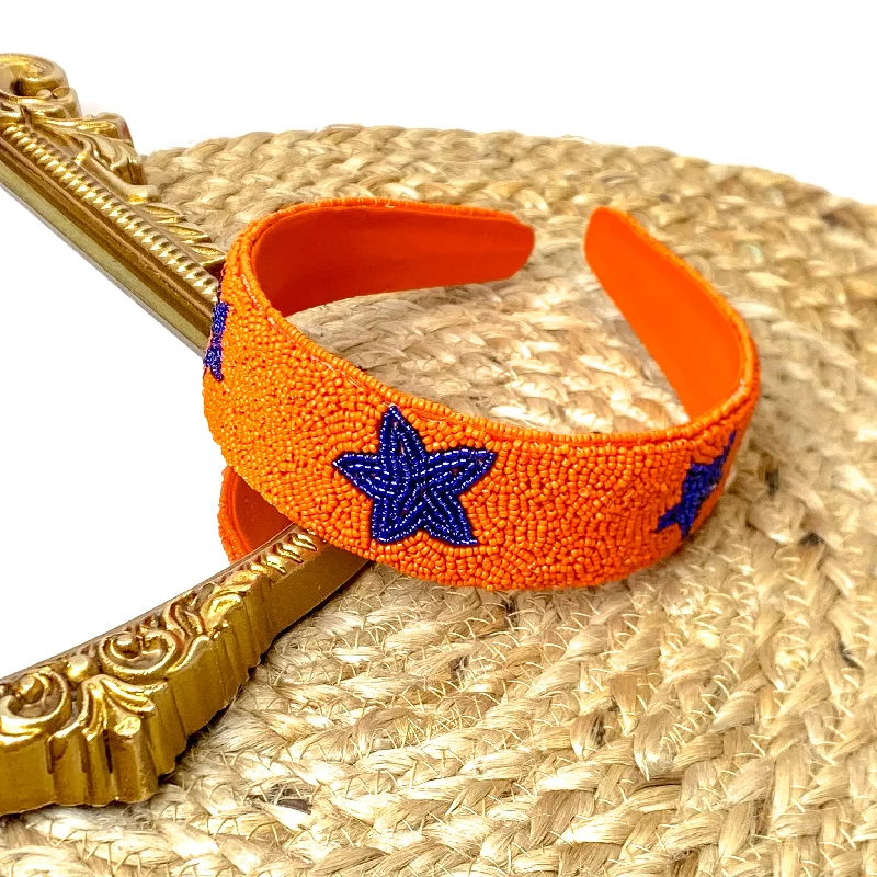 Team Spirit Orange Seed Bead Headband with Navy Blue Stars