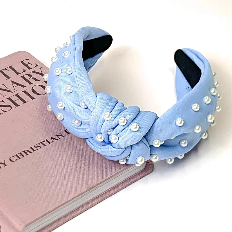 Pearl Detailed Knotted Headband in Light Blue