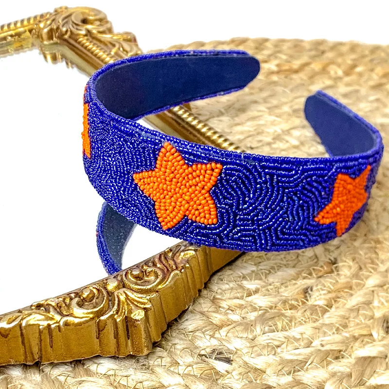 Team Spirit Navy Blue Seed Bead Headband with Orange Stars