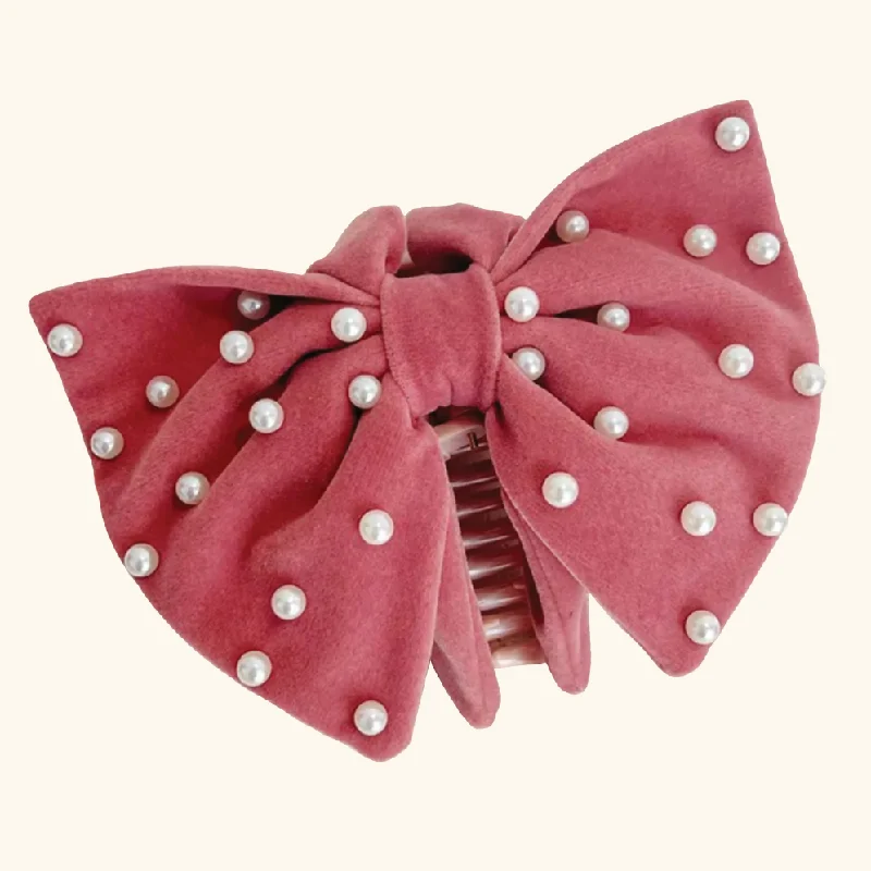 'Eva' Velvet Pink Bow Claw Clip with Pearls