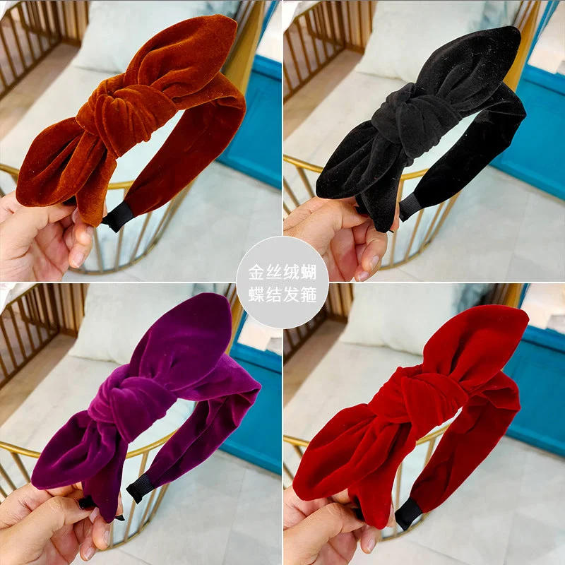 Wholesale Velvet Solid Color Bow Tie Wide Hair Hoop