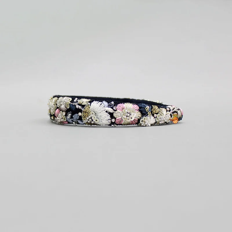 Cutdana And Floral Thread Embroidered Multicolour Hairband