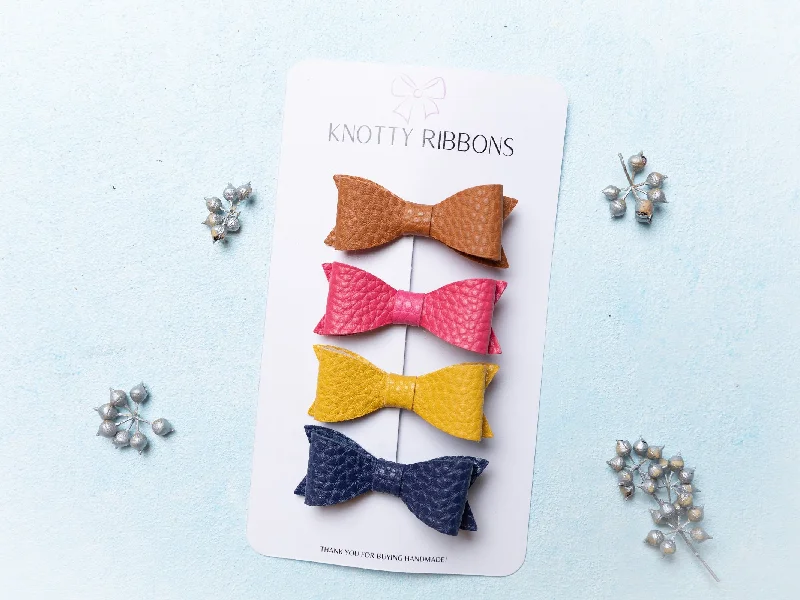 Petite Leather Mini Bow Hair Clip Set- Brown, Barbie Pink, Yellow & Navy Blue