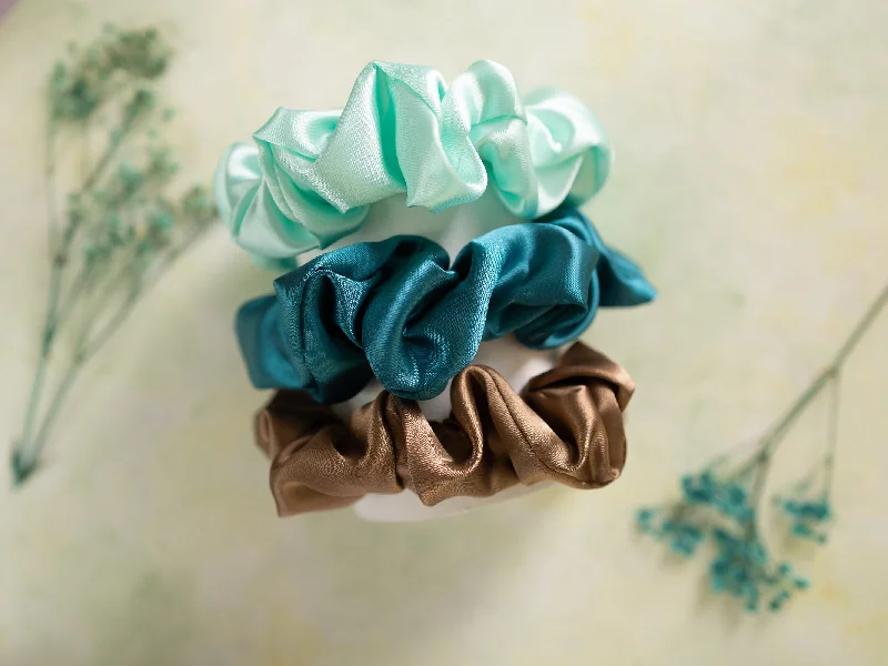 Satin Silk Scrunchies Set - Sea Green, Teal & Brown