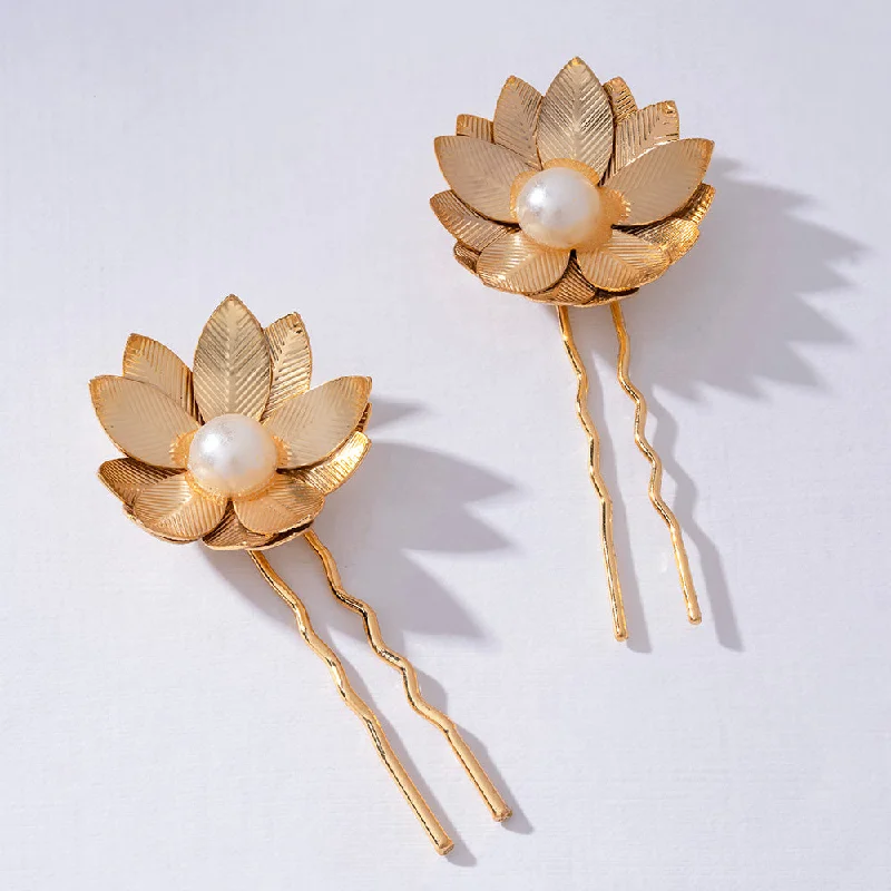 Set of 2 Floral Pearl U Pins - Gold