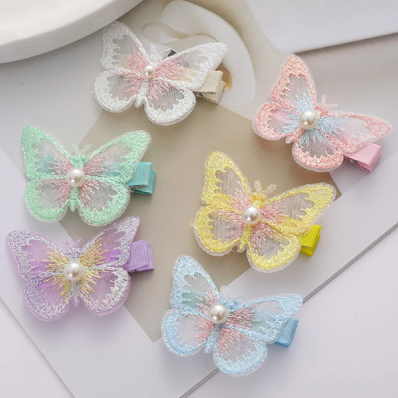 Wholesale fairy cute bangs clip phantom color double organza embroidery butterfly hair clip