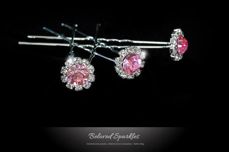 Lydia Pink Rose Halo Hair Stick Pin | Rhinestone